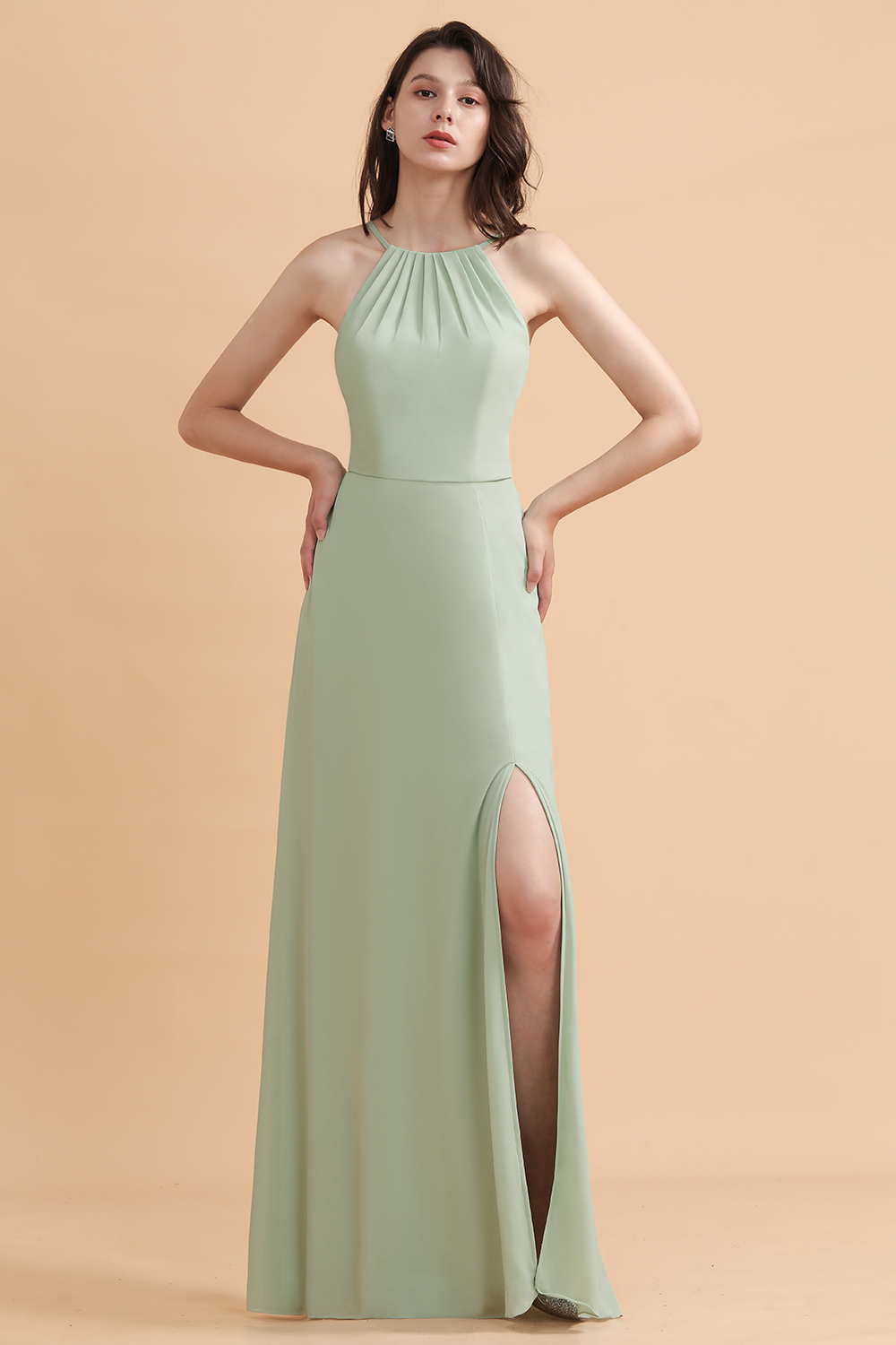 Chic Halter Chiffon Dusty Sage Bridesmaid Dress with Front Slit