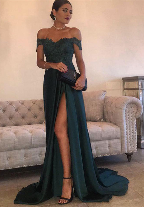 Split Lace Long Sexy Floor-Length Off-the-Shoulder Evening Dress UK