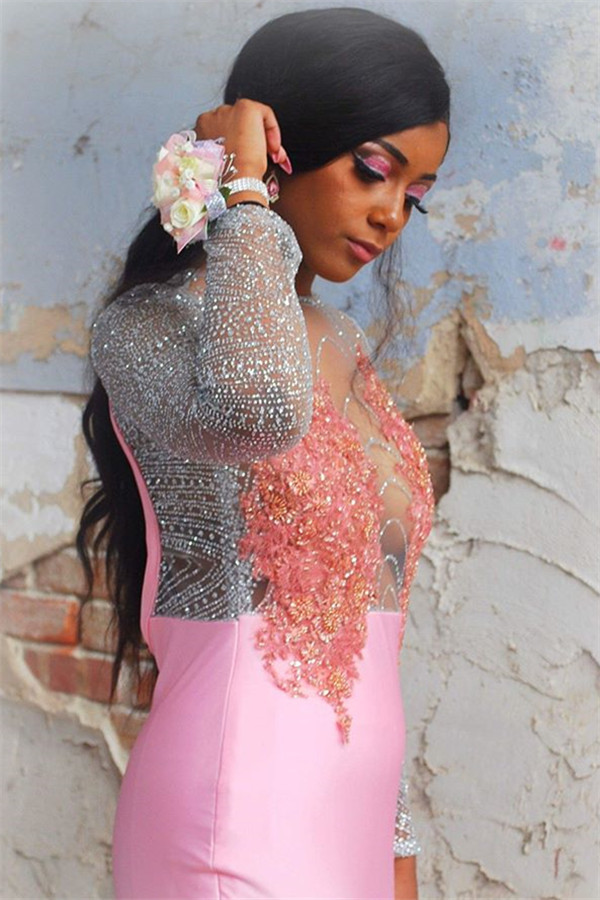 Simple Sweet Pink Floral Long-Sleeves Elegant Trumpt Backless Evening Gown