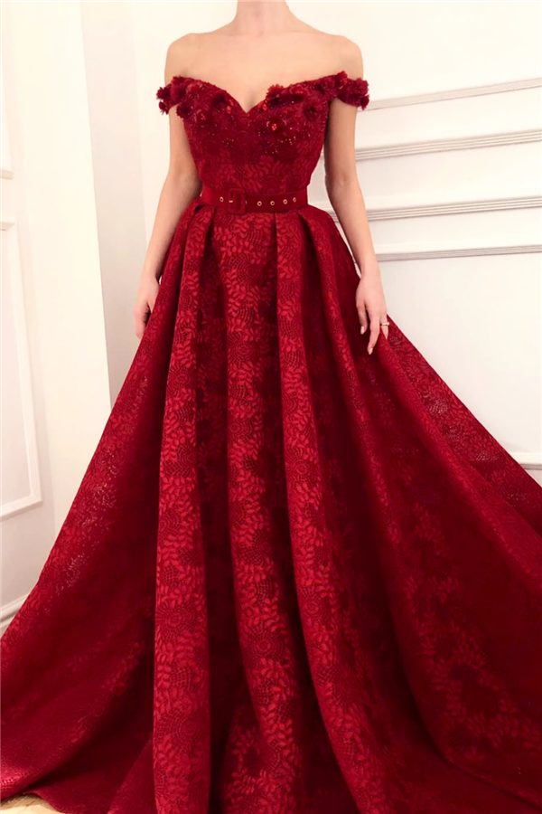 Off The Shoulder Ruby Lace Sexy Evening Dress | Beaded Appliques Flowers Prom Dresses UK