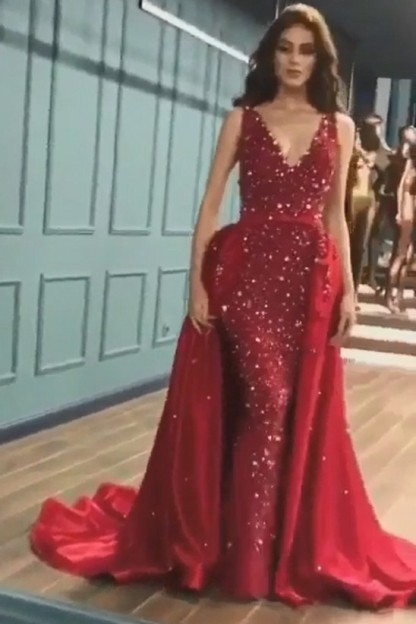 Sparkle Elegant Mermaid V-Neck Crystals Prom Dress UKes UK UK with Overskirt