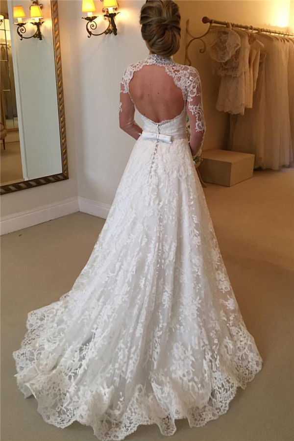 Elegant Lace A-line Wedding Dress Long Sleeve High Neck