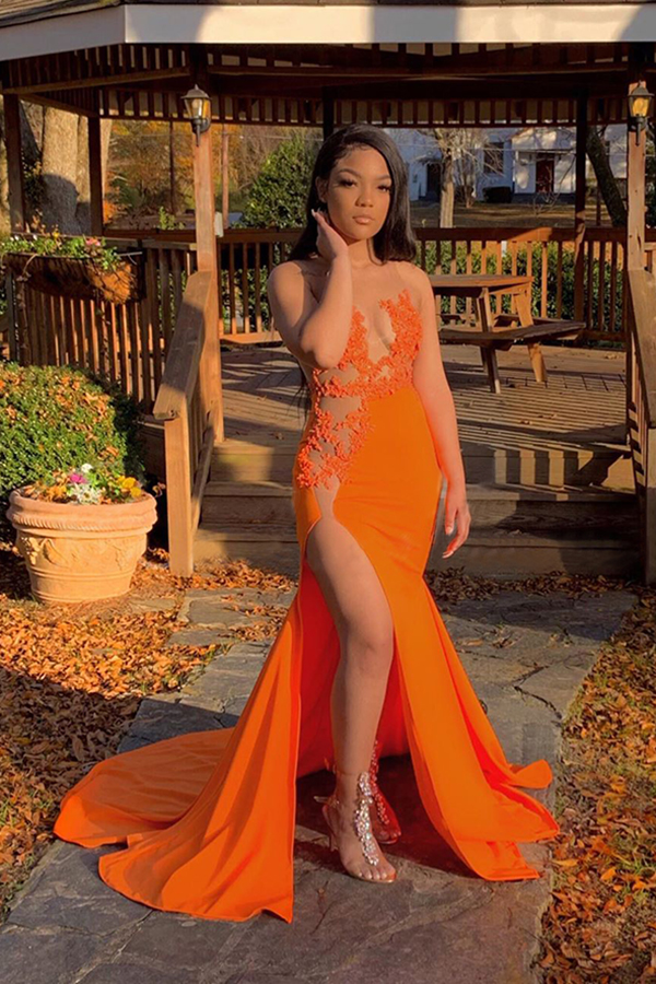 See Through Appliques Slit Mermaid Ginger Evening Dresses