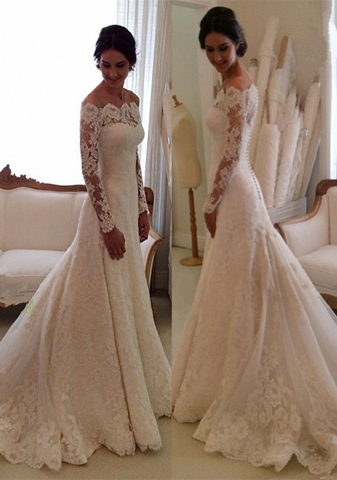 Elegant Long Sleeve Lace Wedding Dress With Long Train And Lace Appliques