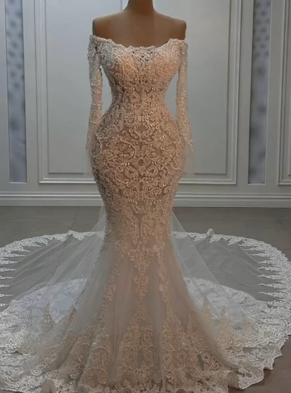 Beautiful Long Sleeves Off-Shoulder Appliques Lace Wedding Dress Natural Mermaid Bridal Gown with Chapel Train