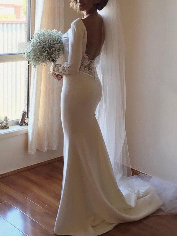 Lace Satin Long Sleeves Sexy Mermaid Scoop Neckline Court Train Wedding Dresses UK