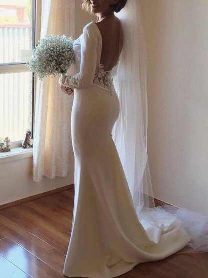 Lace Satin Long Sleeves Sexy Mermaid Scoop Neckline Court Train Wedding Dresses UK