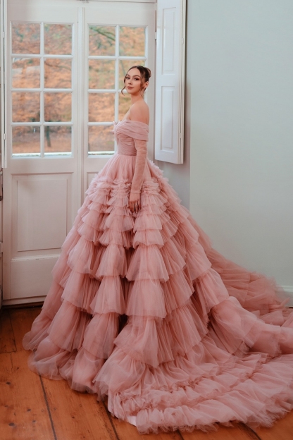 Pink Off-the-Shoulder Tulle A-Line Wedding Dresses Chapel Train