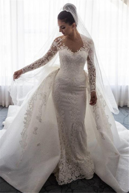 Gorgeous Sexy Mermaid Lace Wedding Dress with Sleeves | Bowknot Detachable Overskirt Bride Dress