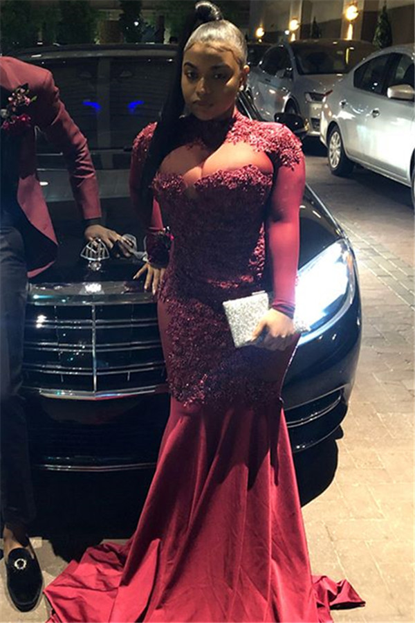 Trendy Burgundy Maroon High-Neck with Sleeves Sheer-Tulle Applique Prom Dress UK UK