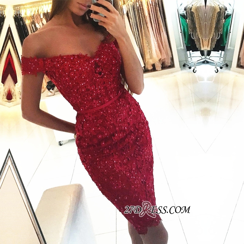 Beadings Short Sheath Red Off-the-Shoulder Appliques Elegant Tight Homecoming Dress UK qq0326