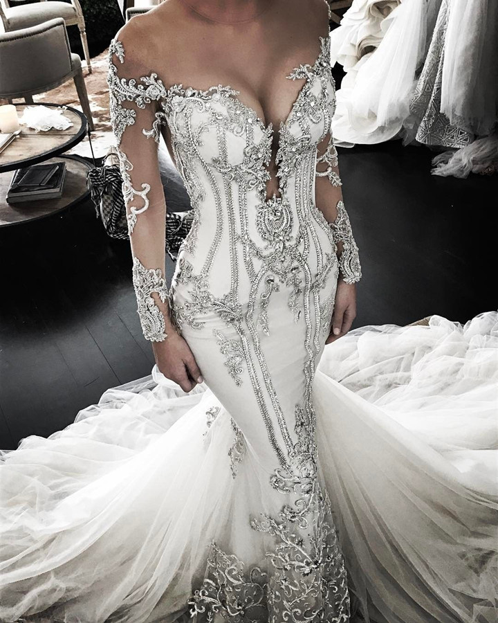 Delicate Lace Appliques Long Sleeve Wedding Dress | Sexy Mermaid Bridal Gown-27Dress.co.uk