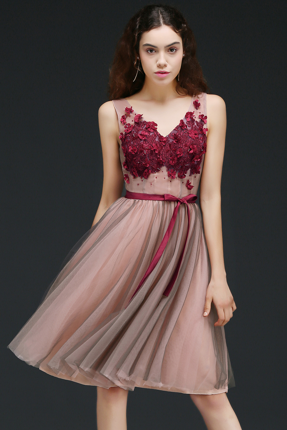 Burgundy-Flowers Romantic V-Neck Sash Open-Back A-line Homecoming Dres   27Dress.co.uk