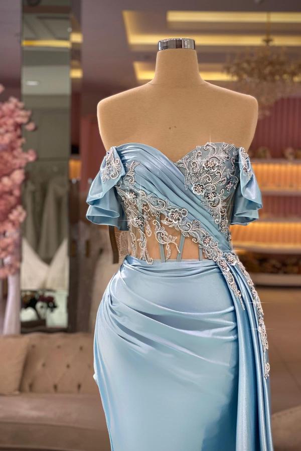 Off-the-Shoulder Sweetheart Ruched Satin Long Prom Dress with Sweep Train-27Dress.co.uk