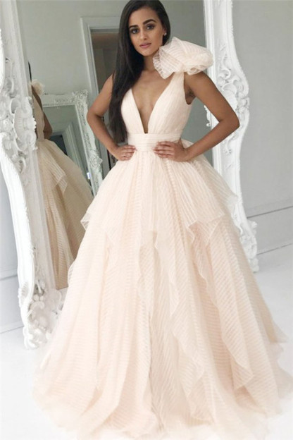 Ruffles Elegant V-Neck Bowknot Prom Dress UKes UK Sexy Tiered Sleeveless Evening Dress UKes UK