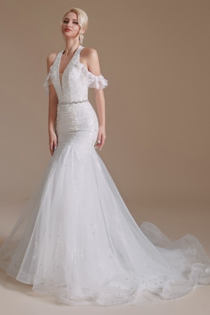 Charming Halter Mermaid Bridal Dress Off-the-Shoulder White Wedding Dress