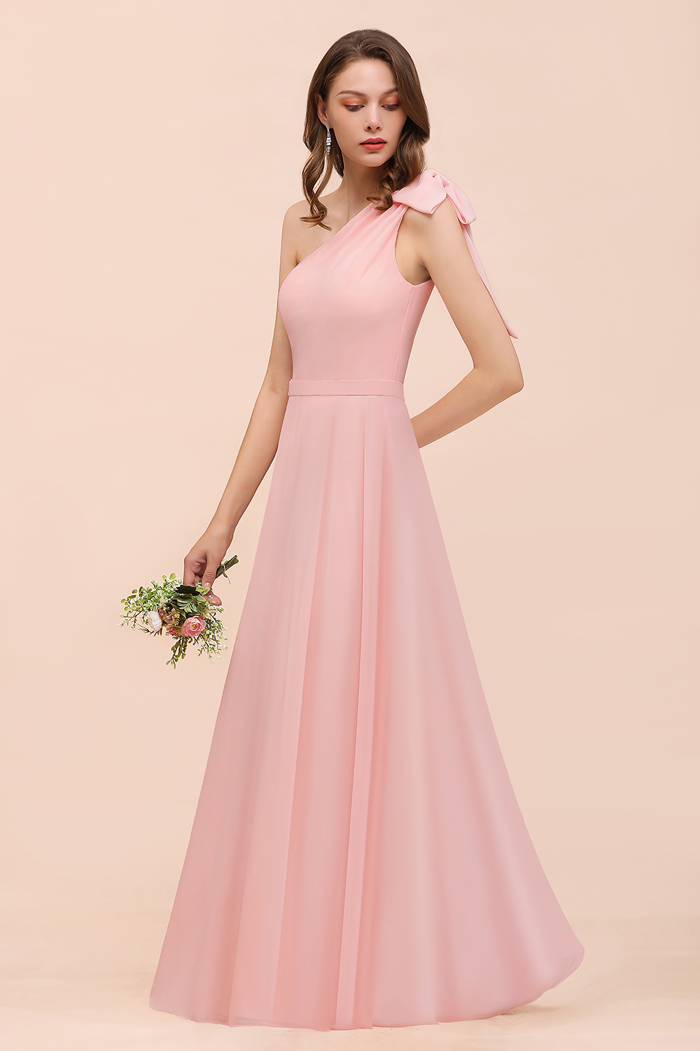 One Shoulder Pink Bridesmaid Dress Sleeveless Chiffon Long Wedding Guest Dress