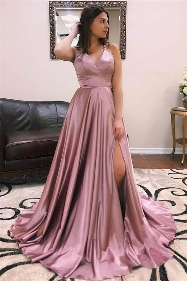 Charmeuse Halter Lace-Up Prom Dress UKes UK Side slit Sleeveless Evening Dress UKes UK