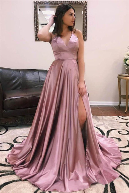 Charmeuse Halter Lace-Up Prom Dress UKes UK Side slit Sleeveless Evening Dress UKes UK