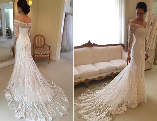 Court-Train Lace Long-Sleeve Sheath V-neck Off-the-shoulder Wedding Dresses UK BA4066