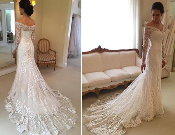 Court-Train Lace Long-Sleeve Sheath V-neck Off-the-shoulder Wedding Dresses UK BA4066