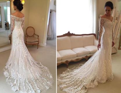 Court-Train Lace Long-Sleeve Sheath V-neck Off-the-shoulder Wedding Dresses UK BA4066