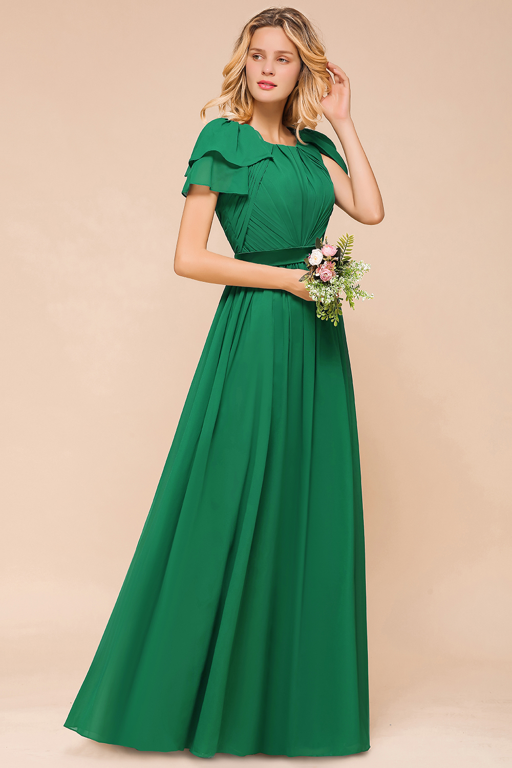 Emerald Short Sleeves Chiffon Ruffles Long Bridesmaid Dresses
