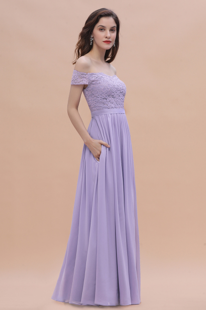 Off-the-Shoulder Lace Chiffon Long Bridesmaid Dresses with Side Slit