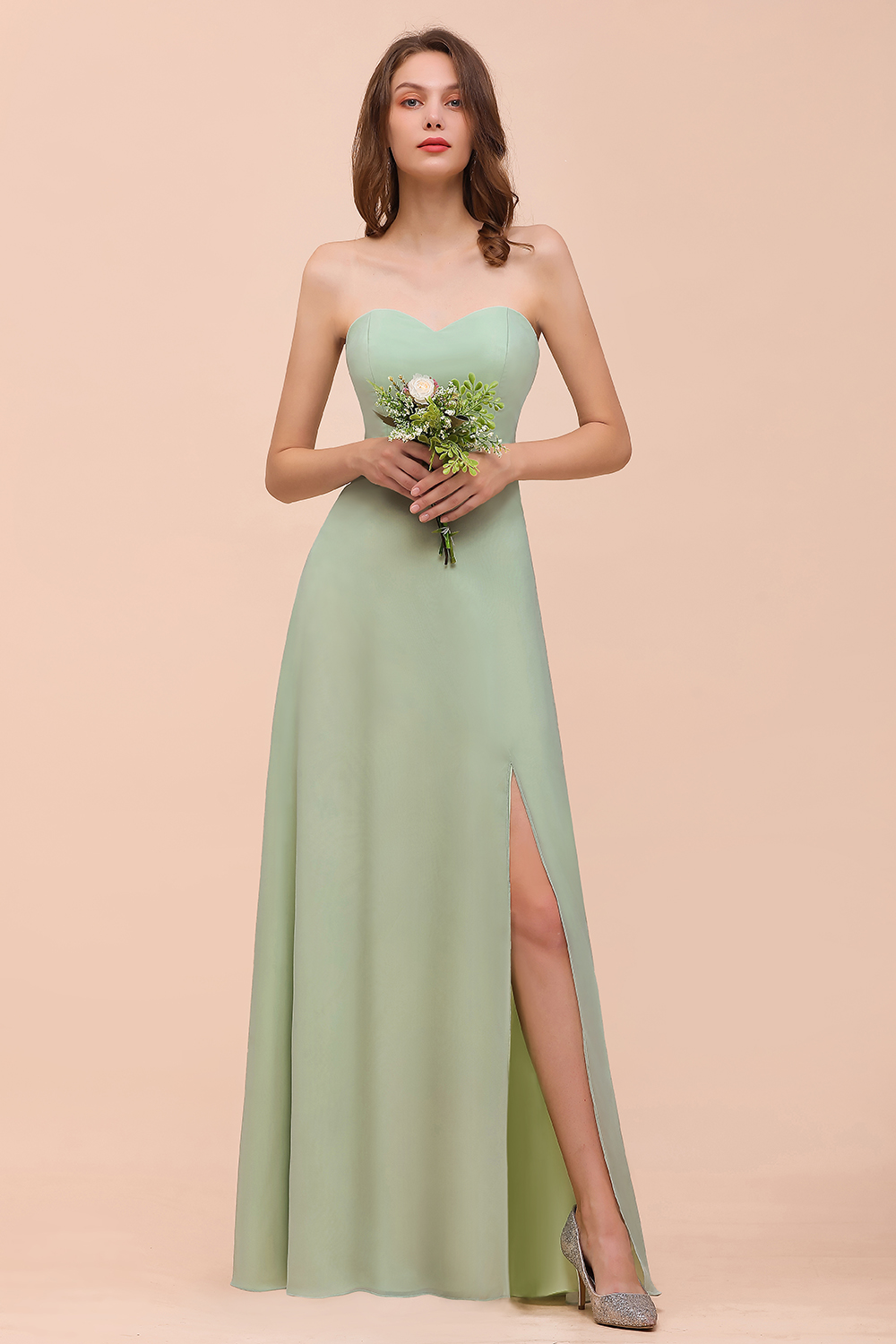 Dusty Sage Sweetheart Sleeveless Long Bridesmaid Dress with Front Slit