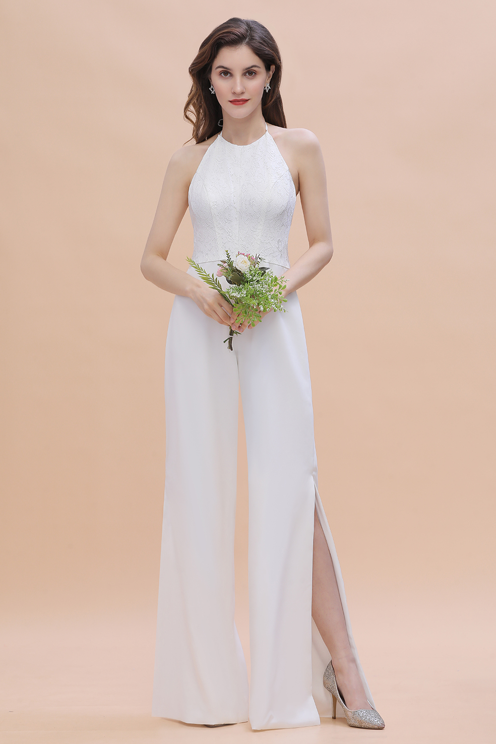 Halter Lace Long Bridesmaid Jumpsuit Side Slit Backless