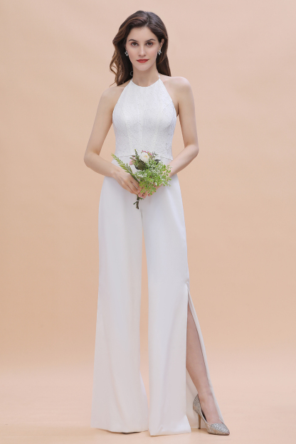 Halter Lace Long Bridesmaid Jumpsuit Side Slit Backless