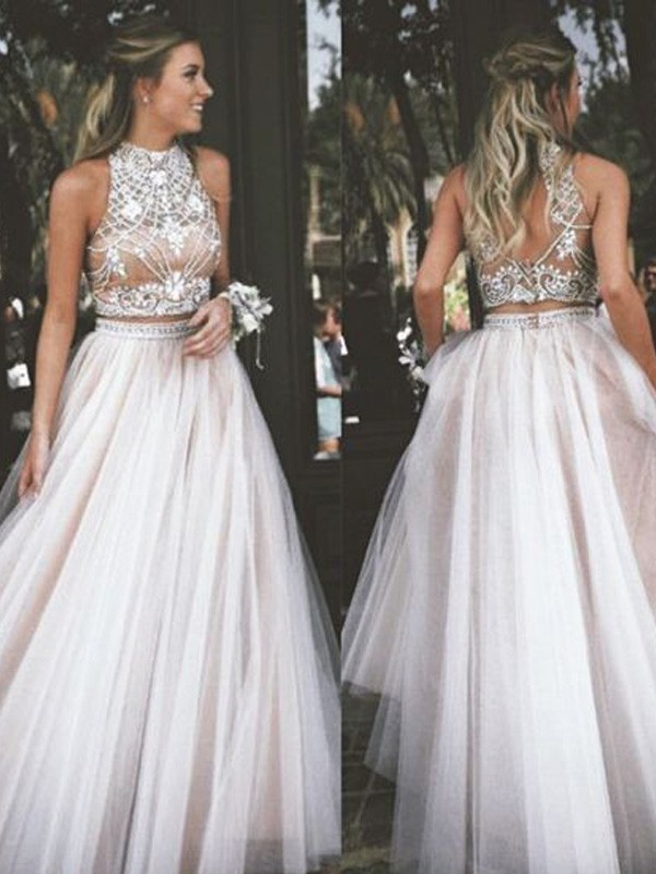 High Neck Two Pieces Prom Dress UKes UK Sleeveless Open back Crystal Elegant Evening Gowns