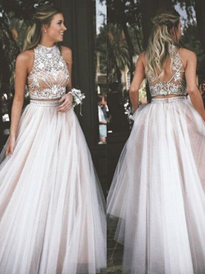 High Neck Two Pieces Prom Dress UKes UK Sleeveless Open back Crystal Elegant Evening Gowns