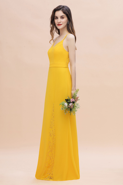 Chic V-Neck Straps Yellow Chiffon Bridesmaid Dress Sleeveless Mermaid Wedding Guest Dress