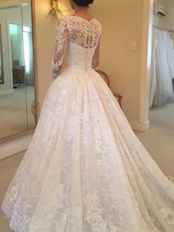 Ruffles Ball Gown Scoop Neckline Cathedral Train Lace Long Sleeves Wedding Dresses UK