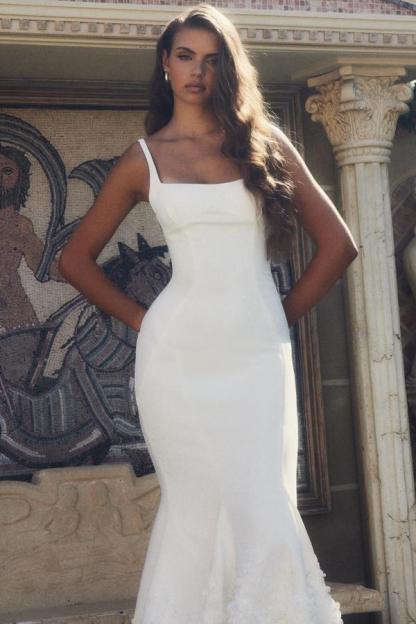 Simple White Satin Sheath Wedding Dresses Square Neck Mermaid/Trumpet Bridal Dress with Straps-27Dress.co.uk