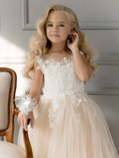 Champagne Tulle Flower Girl Dress White Lace Appliques Floor Length Girl Formal Dress with Bowtie