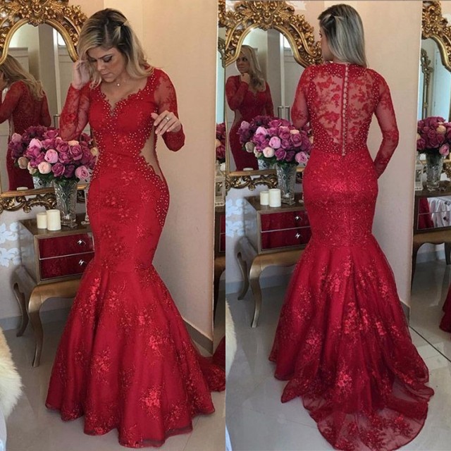 Sexy Long Sleeve Red Evening Dress UK Lace Beads Mermaid Party Dress UK BMT