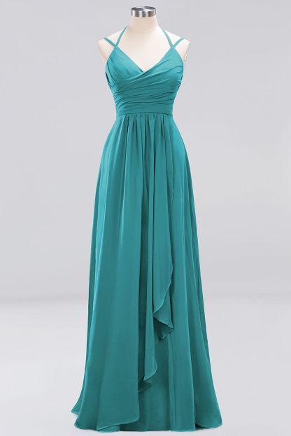 A-line Sleeveless Ruffles Chiffon Floor-Length Bridesmaid Dresses with Straps