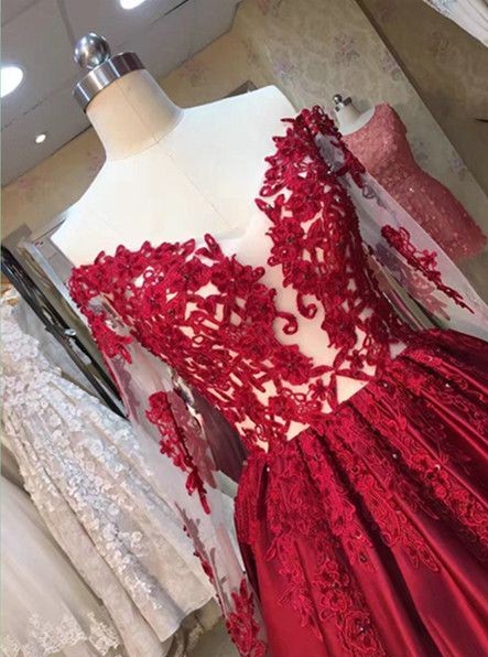 Lace-Appliques Off-the-Shoulder Puffy Red Long-Sleeves Prom Dress UKes UK BA5004