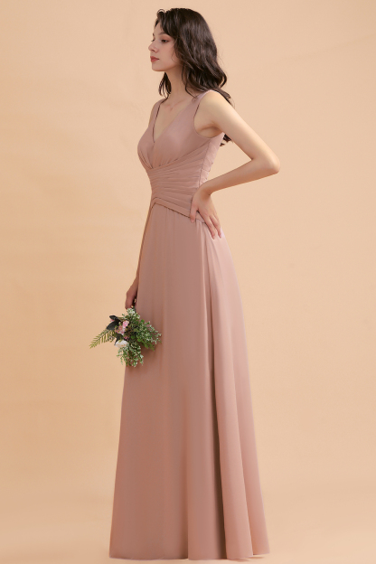 Beautiful Dusty Pink V-Neck Chiffon Bridesmaid Dress
