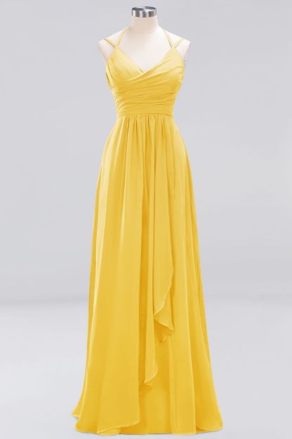 A-line Sleeveless Ruffles Chiffon Floor-Length Bridesmaid Dresses with Straps