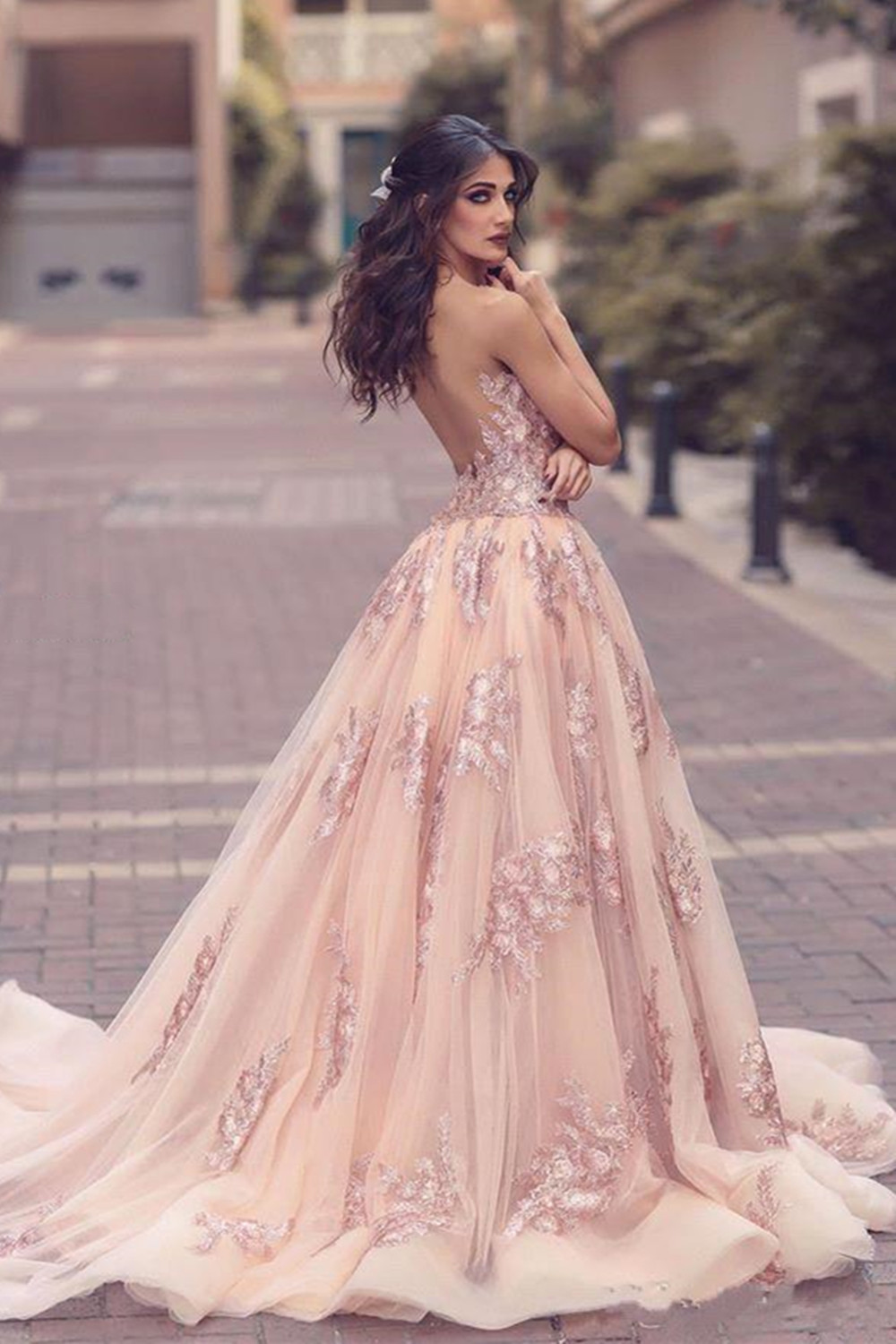 V-neck Slit Lace Amazing Front Tulle Pink Overskirt Appliques Evening Dress UK JJ0156