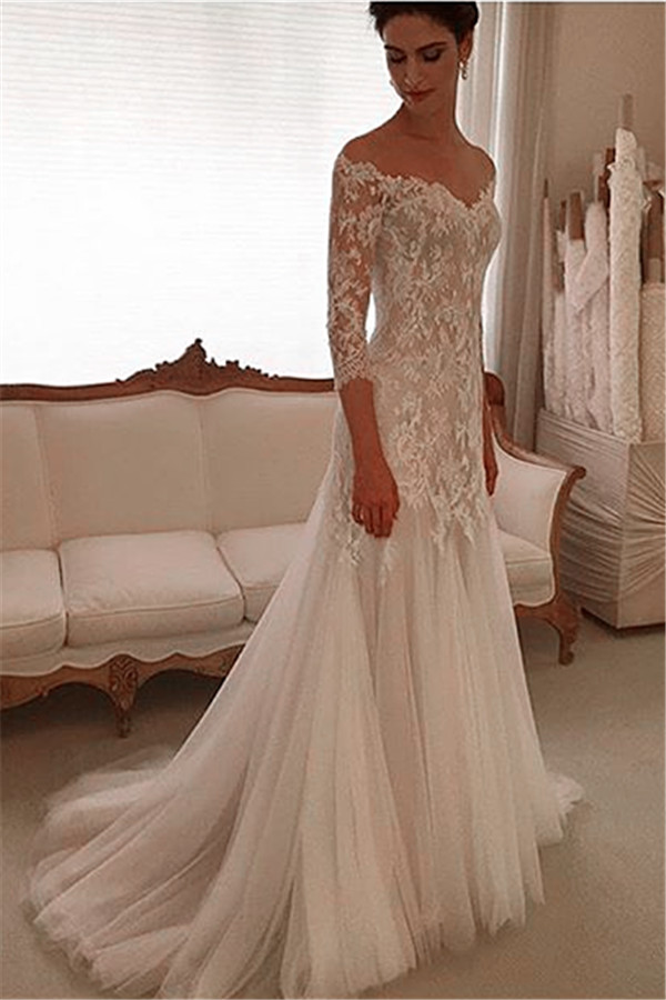 Elegant Off-the-shoulder 3/4 Length Sleeve Wedding Dress Lace Tulle-27Dress.co.uk