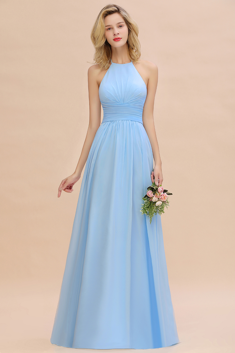 Halter Sky Blue Ruched Chiffon Long Bridesmaid Dresses