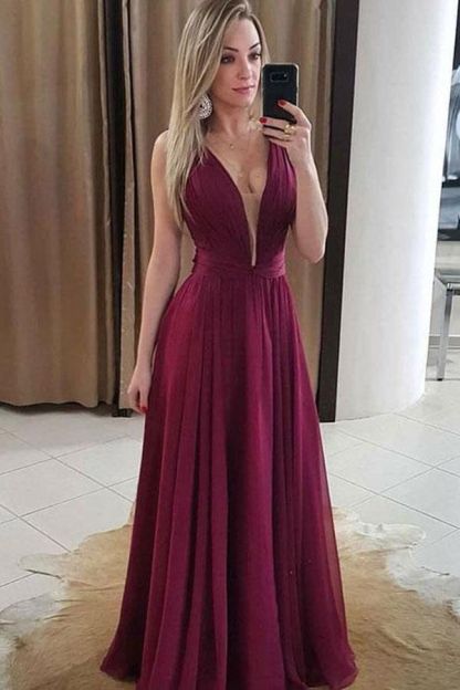 Sexy Ruffles Elegant V-Neck Prom Dress UKes UK Simple Popular Sleeveless Evening Dress UKes UK