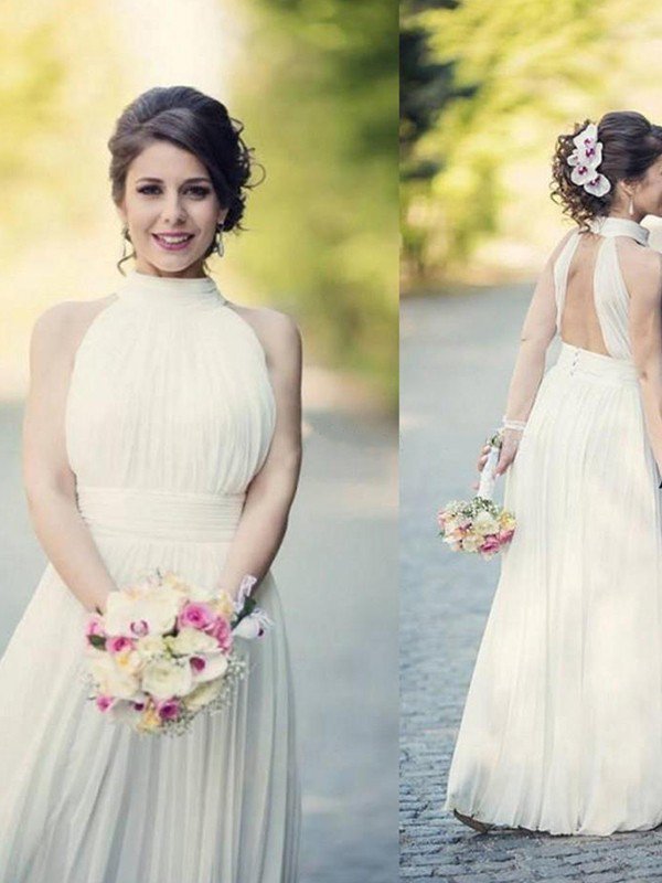Floor-Length A-Line Sleeveless Halter Ruffles Tulle Wedding Dresses UK-27Dress.co.uk