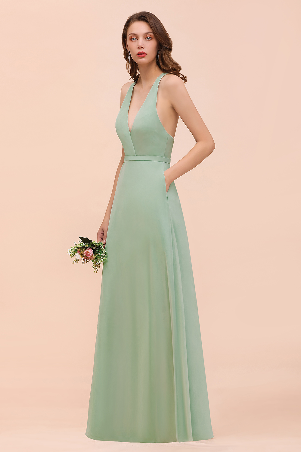 Dusty Sage V-Neck Bridesmaid Dress Glamorous Chiffon Long Wedding Guest Dress with Straps