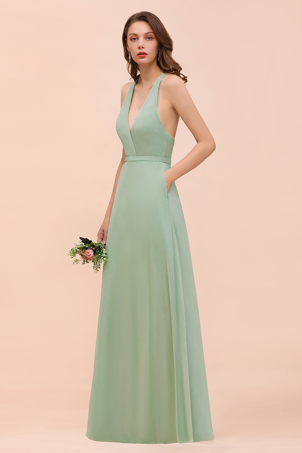 Dusty Sage V-Neck Bridesmaid Dress Glamorous Chiffon Long Wedding Guest Dress with Straps