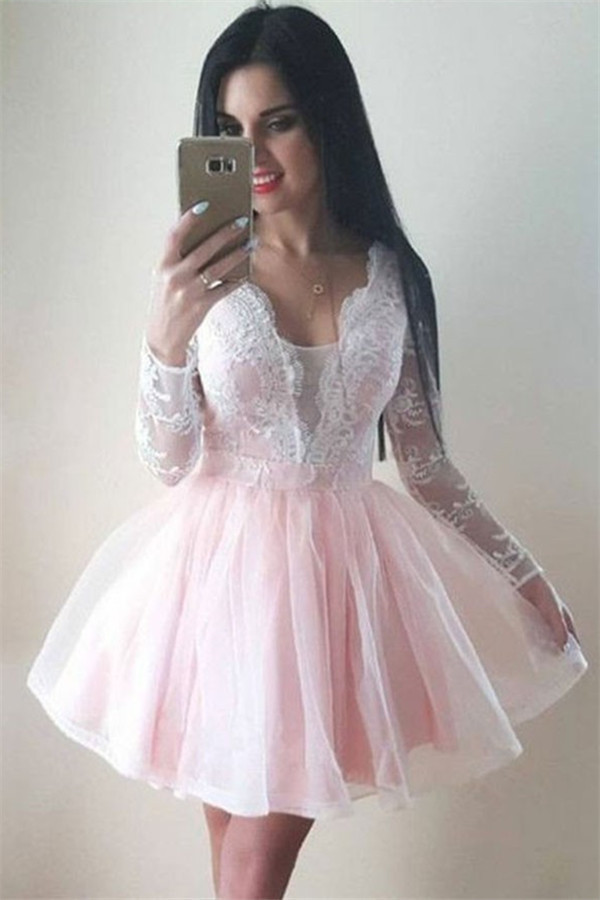 Long Sleeve Puffy Tulle Lace Formal Dresses | V-Neck Short Evening Dress UK